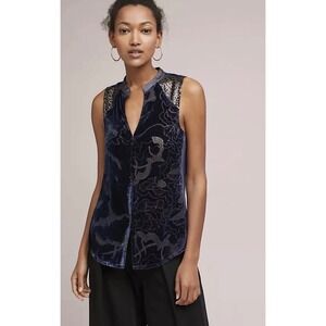 Anthropologie Tiny Velvet Burnout Navy Button Down Mixed Media Sleeveless Top S